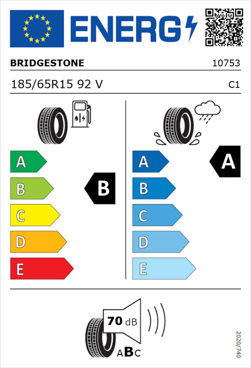 Tyre Label for Bridgestone Ecopia EP001S 185/65R15 92V