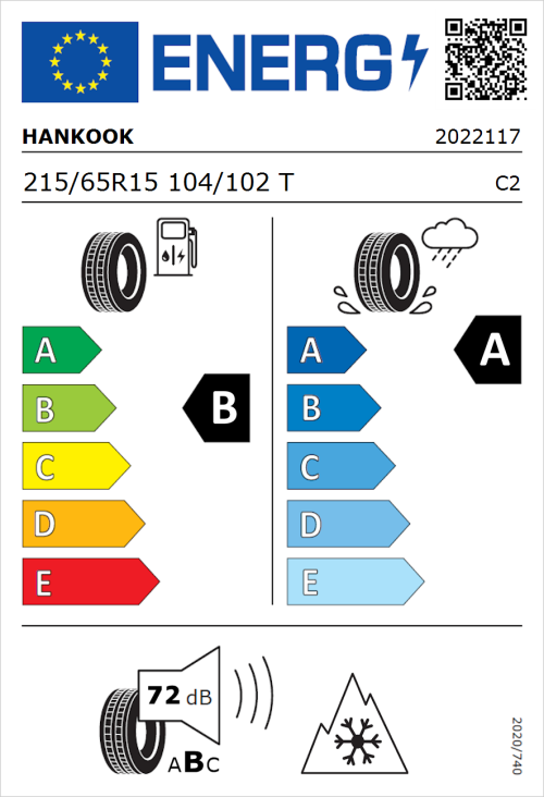 Tyre Label for Hankook Vantra Transit (RA58) 215/65R15 104/102T
