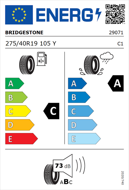 Tyre Label for Bridgestone Potenza Sport Evo 275/40R19 105Y